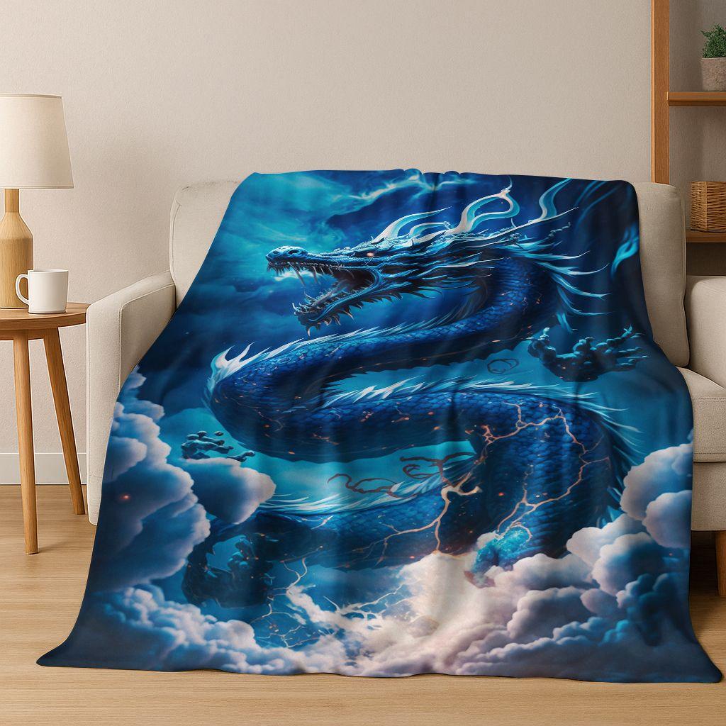 Magic Dragon Mythology Art Chinese Loong Cartoon Flannel Blanket,Cozy Soft Throw Blanket for Home Bedroom Bed Sofa Cover Kid