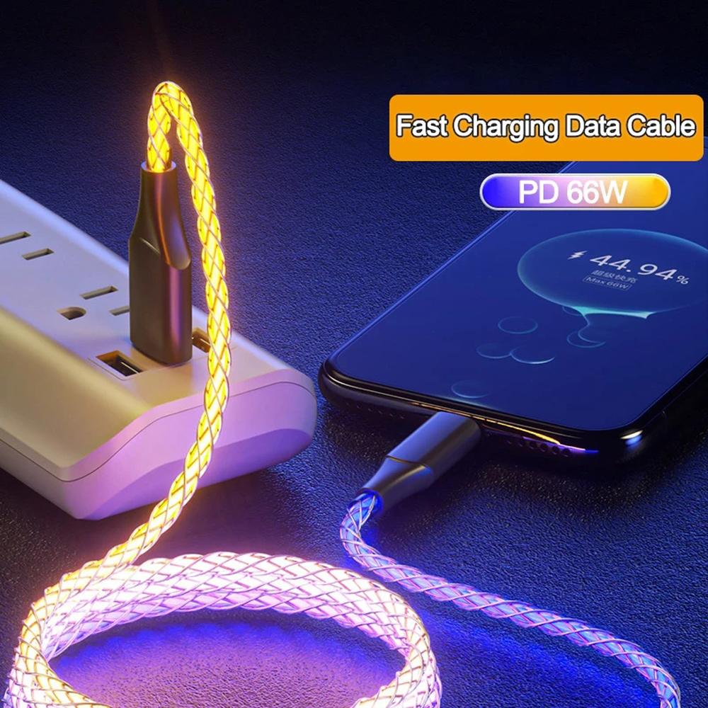 66 Вт RGB цветной свет USB C кабель для быстрой зарядки для Xiaomi Samsung Dual Type-C телефон зарядное устройство шнур передачи данных для iPhone 15