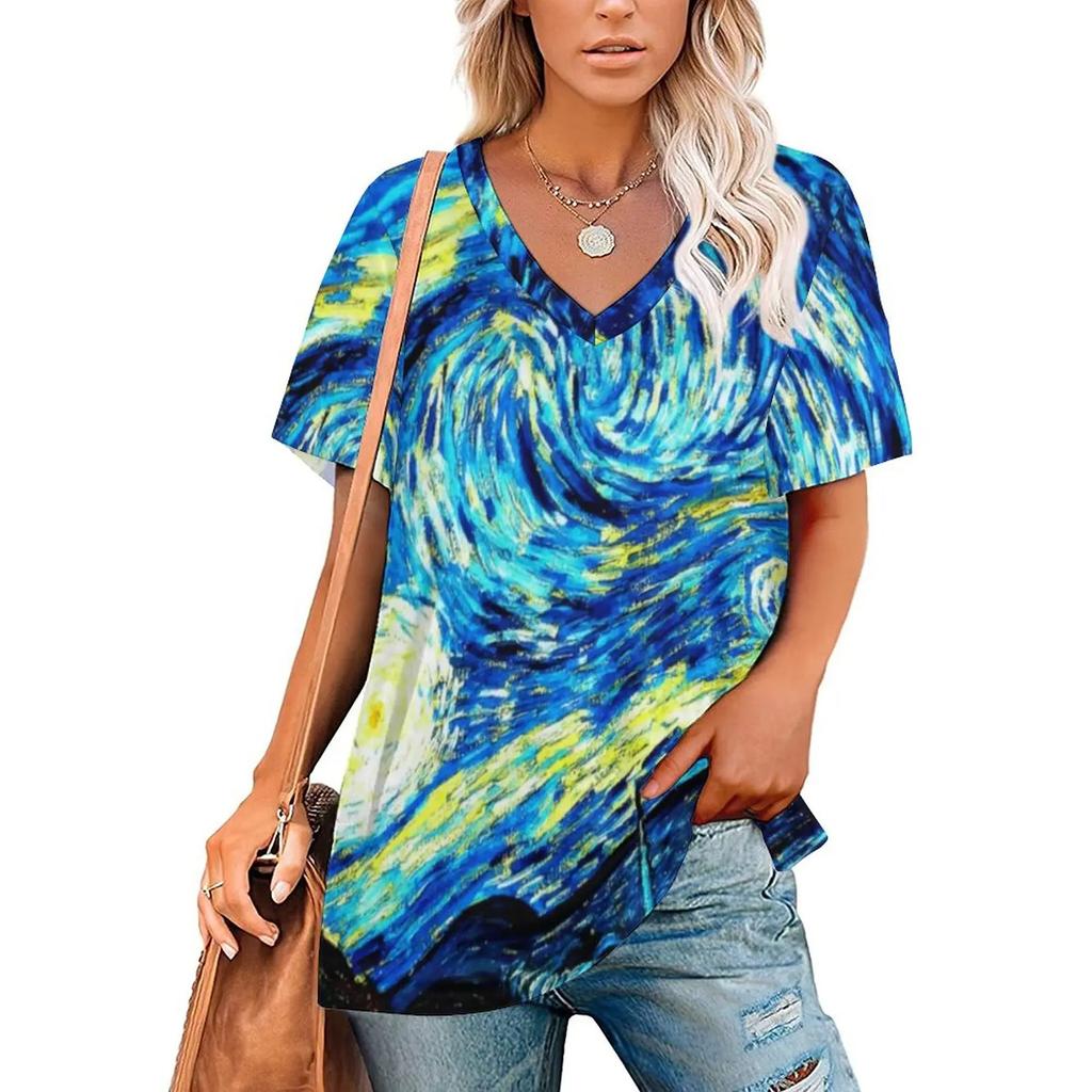 Van Gogh T-Shirts Oil Painting 3D Print Women Short Sleeve T Shirt V-Neck Streetwear Oversized Harajuku Female Tees Top Clothing
