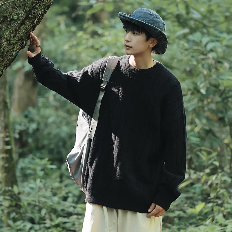 2026 Youth Japanese Style Chunky Knit Loose Sweater for Men - Autumn/Winter Long Sleeve Round Neck Trendy Couple Knitwear