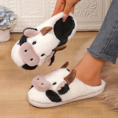 Модные женские тапочки, новые зимние унисекс, теплые плюшевые тапочки с рисунком коровы, парные домашние нескользящие тапочки с носком из хлопка