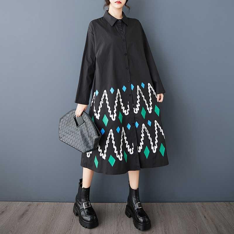 Свободные платья большого размера с принтом и сращиванием повседневные простые милые платья с длинным рукавом