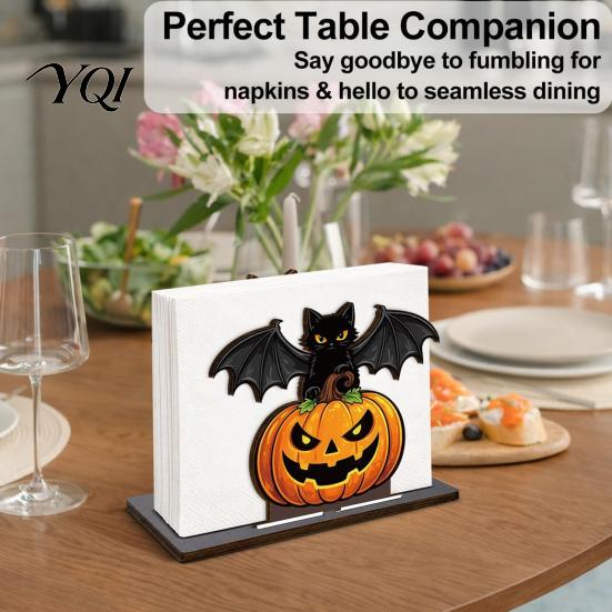 Party Napkin Holder Halloween Wooden for Table, Pumpkin Black Cat Bat Kitchen Accessories Standing Dispenser, Paper Towel Stand Holiday Decor Tissue