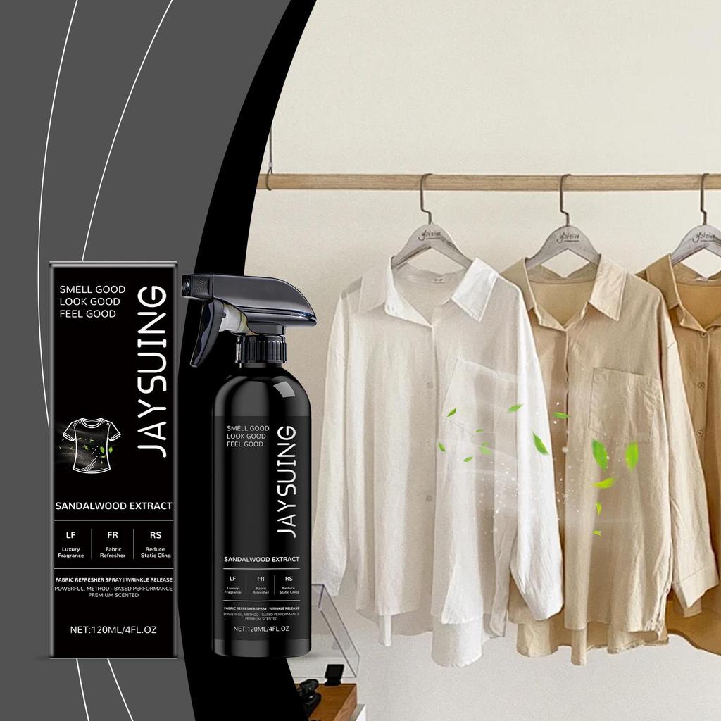 Clothing freshening spray with luxurious long-lasting fragrance removes static electricity and is convenient for on-the-go use