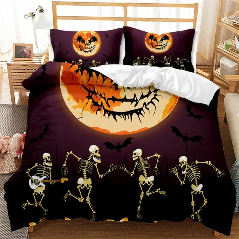 Cartoon Pumpkin Duvet Cover Gothic Halloween Skull Bedding Set Polyester Lantern Ghost Comforter Cover King For Boys Girls Decor
