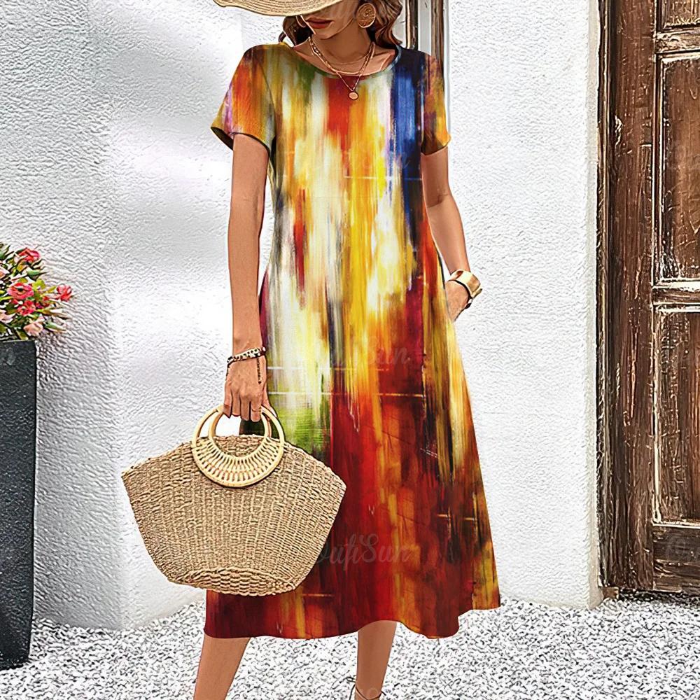 Летние платья с короткими рукавами, стильная женская одежда с контрастными цветами, длинное платье с принтом 3D Tie-Dye, женская одежда, свободный свитер с круглым вырезом