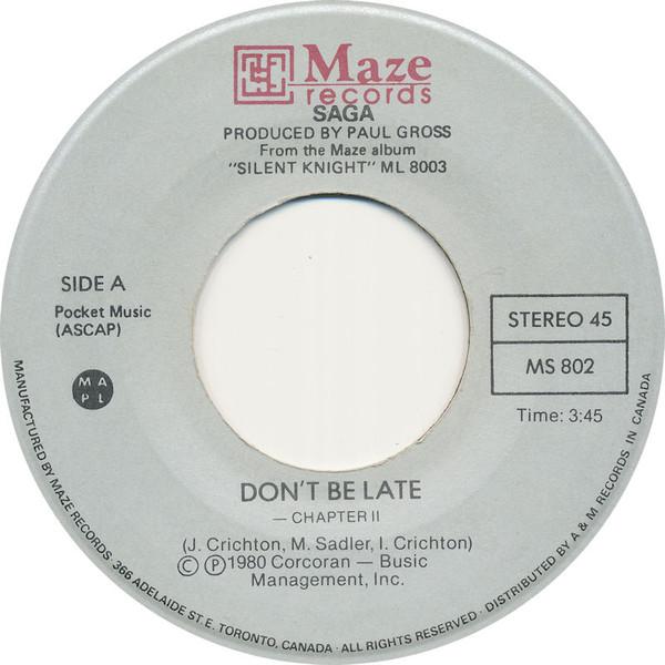 7inch Record SAGA - Don't Be Late / Time To Go MS802 Maze Records 1980 Canada Rock Used