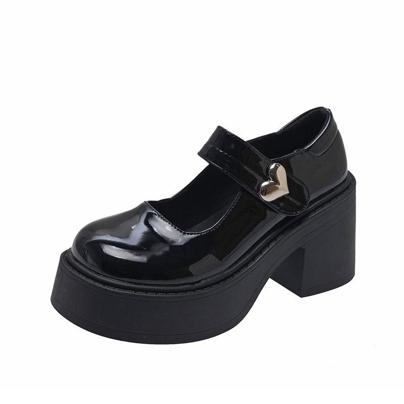 French Black Thick Heel Platform Small Leather Shoes Women's Autumn New Heightening Mary Jane Shoes Short Le High Heels