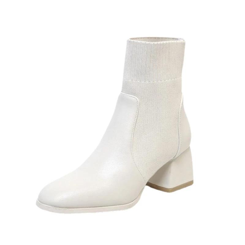 Высокие каблуки Осень Зима Эластичная вязка Ретро Ботильоны Женские Носки-ботинки Mujer Botas Altas Платформа Женские