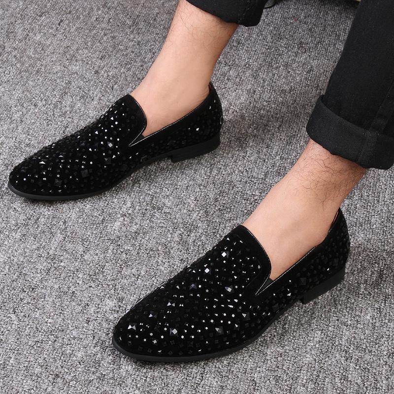 Fashion Man Loafers Shoes Genuine Leather Casual Fashion Mens Rhinestone Driving Shoes Man Flats Dress Wedding Slip-on Club Shoe