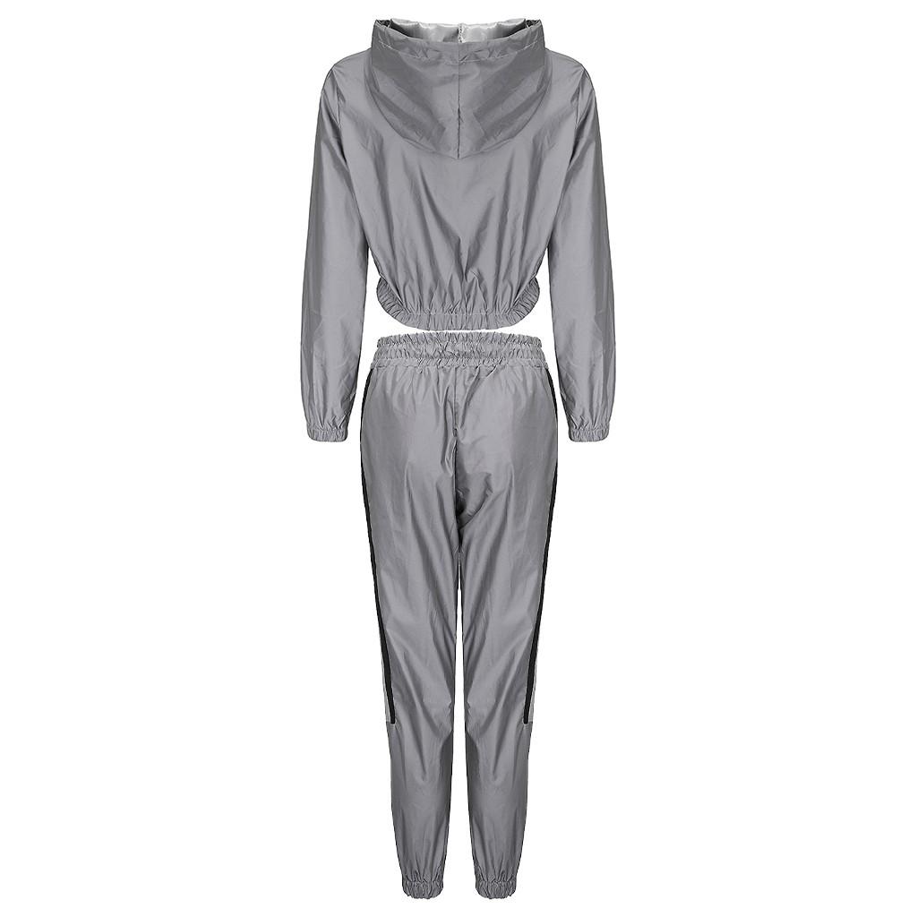 Women Casual Reflective Splicing Set Long Sleeve Crop Tops + Pants