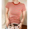 Летняя женская хлопковая футболка с короткими рукавами в стиле ретро, тонкая полосатая