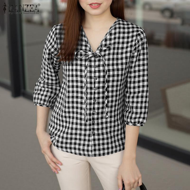 ZANZEA Женская повседневная блузка с V-образным вырезом и рукавом 3/4, свободная клетчатая блузка