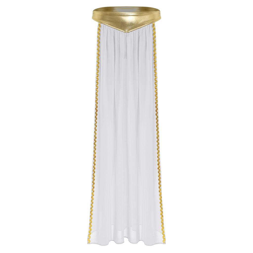 Womens Ancient Queen Costume Briefs Chiffon Skirt Metallic Shiny Side Slit Gold Trims Halloween Outfit