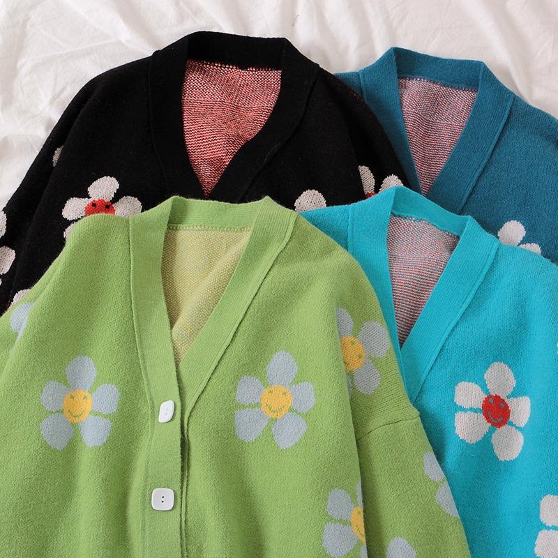 Flower Print Knitted Cardigan Jacket Women Loose V-neck Autumn Single Breasted Cardigans Sweater Winter Tops Long Sleeve Vintage Crop Knitwears 24928