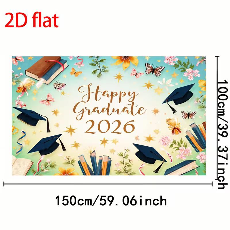2D Flat "Happy Graduate 2026" Banner, Watercolor Style with Floral and Star Decor Background