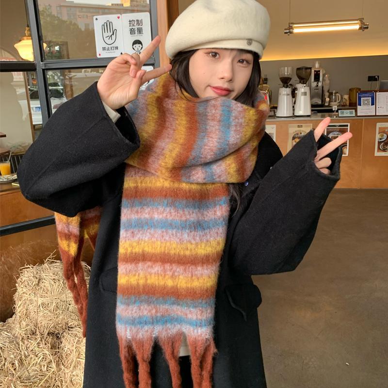 Korean version of striped seahorse hair scarf winter girls high-end pulling color warm scarf student couple shawl