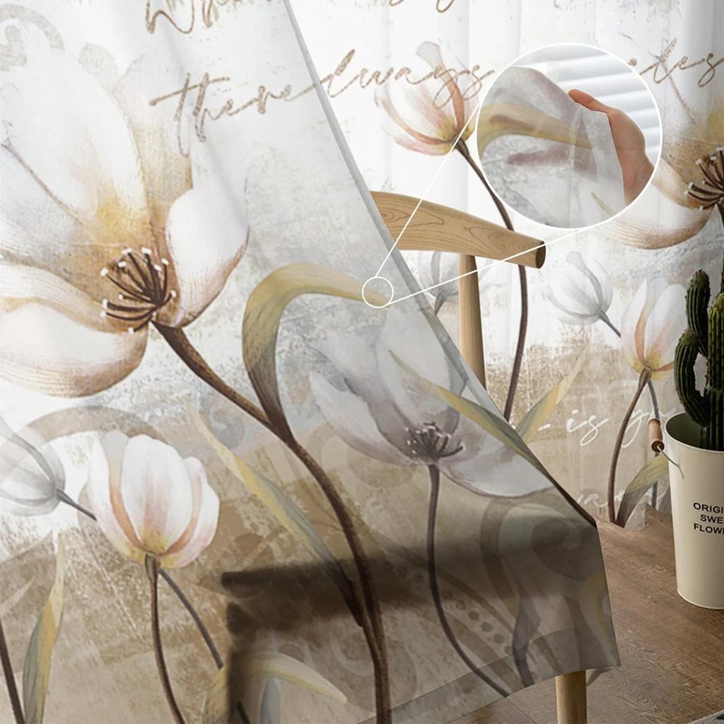 Flowers Retro Plants White Flowers Bedroom Transparent Sheer Curtains Holiday Decoration Window Voile Tulle Curtain