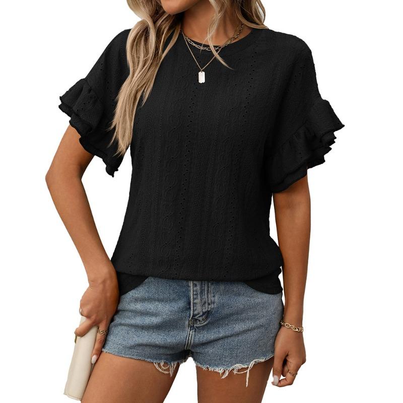 Новая летняя однотонная футболка с круглым вырезом и короткими рукавами с рукавами в виде листьев лотоса для женщин