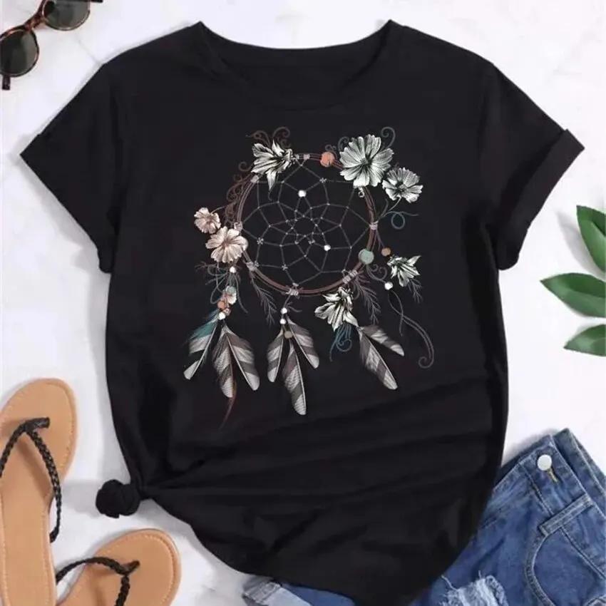90S Feather Dreamcatcher Women Fashion T Shirt Harajuku Graphic Tees Shirt Femme Dream Catcher Women's T-shirt Clothes Tops Tee