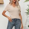 Summer Womens Tops Short Sleeve Pullover Knitwear Solid Color Lapel Knitwear