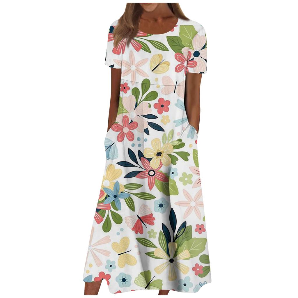 Women's Casual Dresses Printed Dresses Summer Dresses Printed Pleated Round Neck Midi Dresses Basic Classic Outdoor Daily Short Sleeve Loose Dresses
