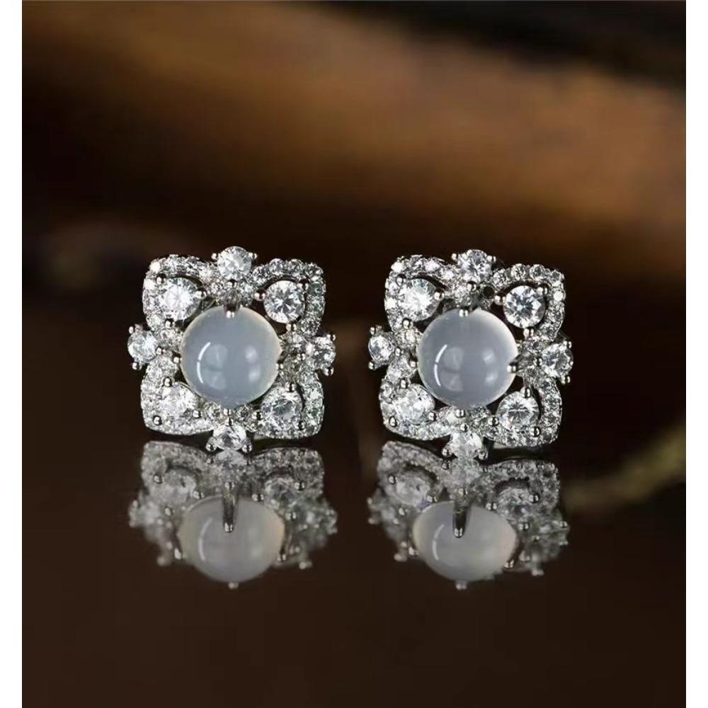 Elegant Flower Earrings with Simulated White Chalcedony and Full Diamonds for Women Minimalist Luxury Ear Jewelry