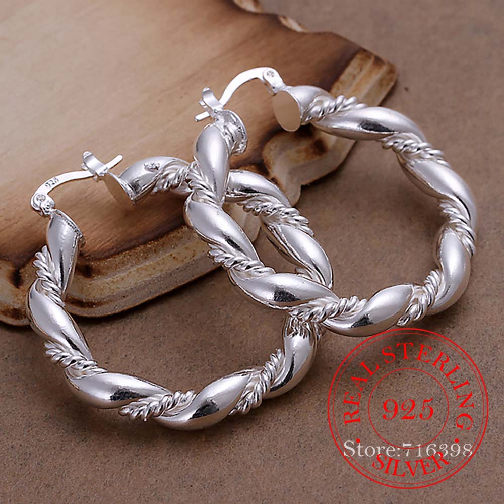 925 Sterling Silver Simple Big Rope Circle Vintage Hoop Earrings For Women Silver Jewelry Pendientes