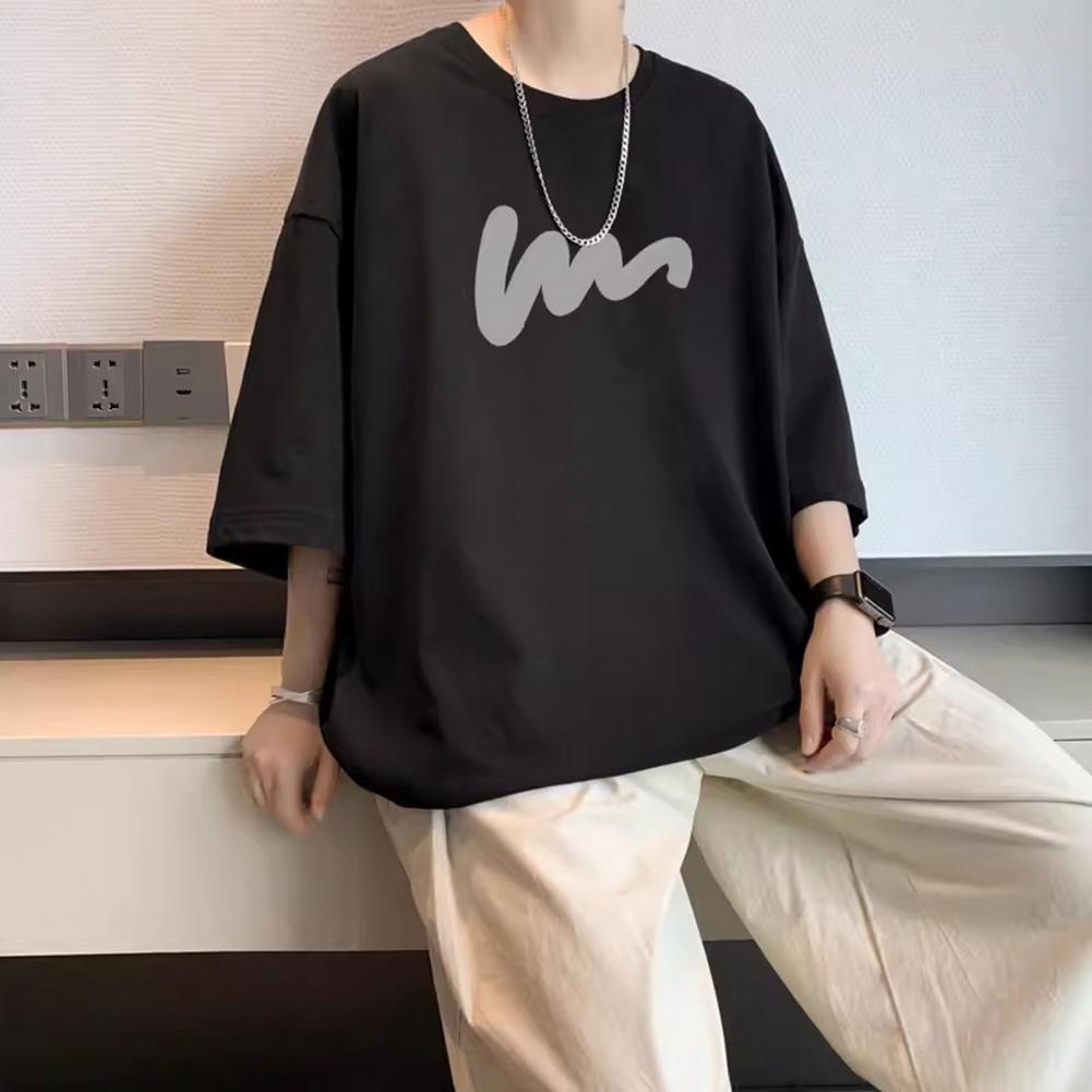 Летняя мужская футболка со средними рукавами и круглым вырезом, свободный крой, размер плюс, однотонный, с принтом, средней длины, повседневный пуловер, повседневная домашняя одежда, спорт