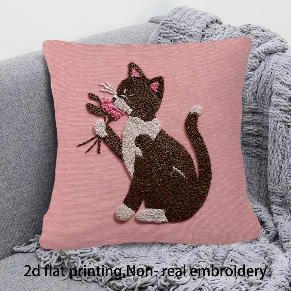 Cute Tuxedo Cat Style Throw Pillow Cover Pink Flower Decorative Pillow Case For Home Decor