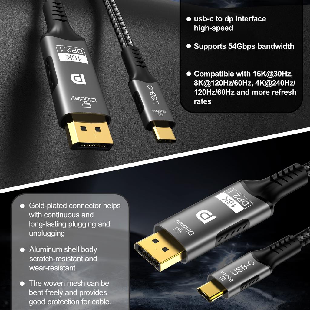 Кабель 16K USB C на DP 2.1 Type-C к DisplayPort, Пропускная способность 54 Гбит/с, 16K@30Hz 8K@60Hz, Совместим с Thunderbolt 3/4 MacBook Ноутбук ПК Телевизор Проектор