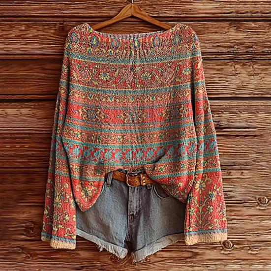 Женский осенний свитер с круглым вырезом и длинным рукавом, винтажный пуловер оверсайз, этнические графические вязаные топы для повседневной носки