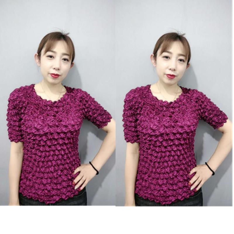 Pleated Pineapple Wrinkled Bubble Shirt, Versatile Magic Suit, Short Sleeve, Solid Color, Transparent, Loose, Three-dimensional, Women's Top