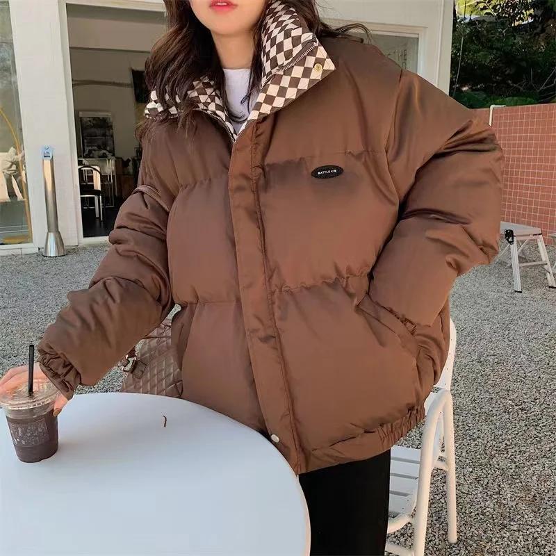Winter Checkered Down Cotton Jacket Women Zipper Loose Padded Coat Solid Thickening Warm Puffer Parkas Jackets Short Style Forest Style Bread Jacket