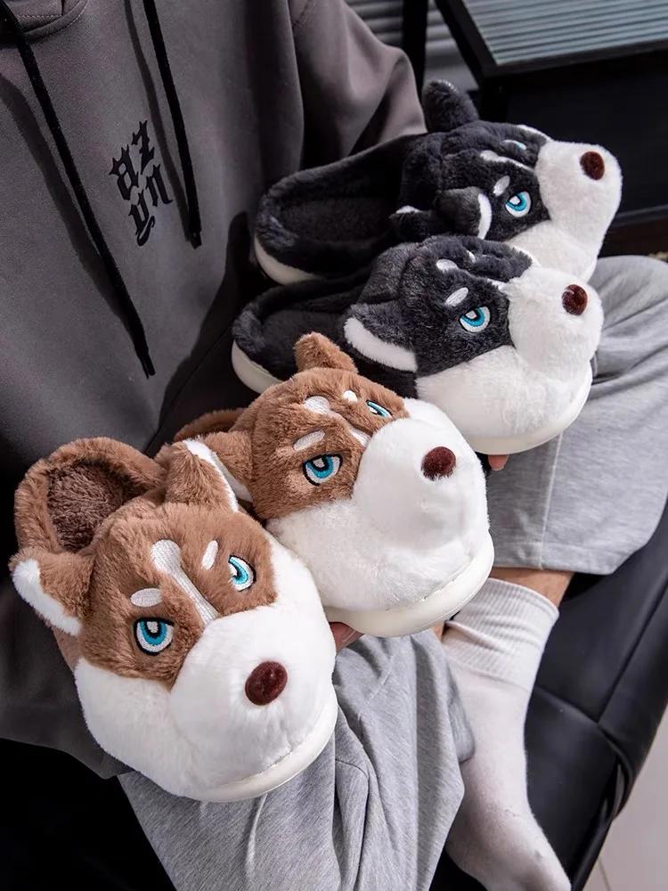 Fashion Women Indoor Cotton Slippers Cute Cartoon Dog Winter Warm Shoes Couples Home Floor Slides Anti-slip Female Male House Footwear