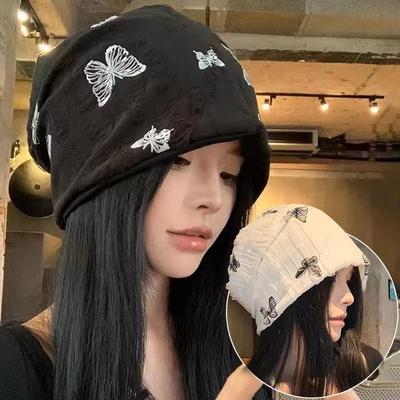 Корейская шапка-бини с принтом бабочек для женщин, хлопковая, мешковатая, удлиненная, шапочка-череп, японский уличный стиль для девушек, теплая шапка-пуловер, боннет