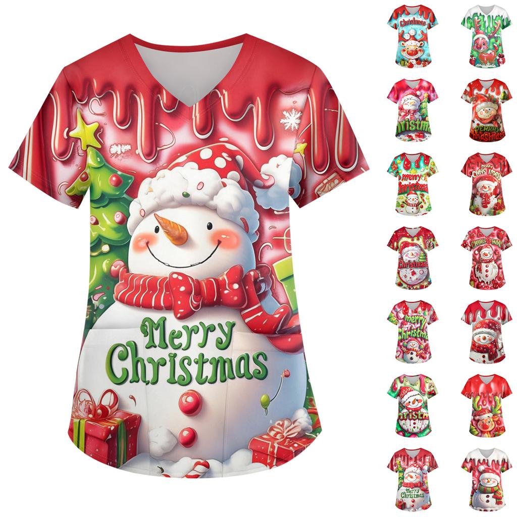 Ladies' Christmas Printed Fashionable V-neck Pocket Short Sleeved Uniform And Caregiver Top