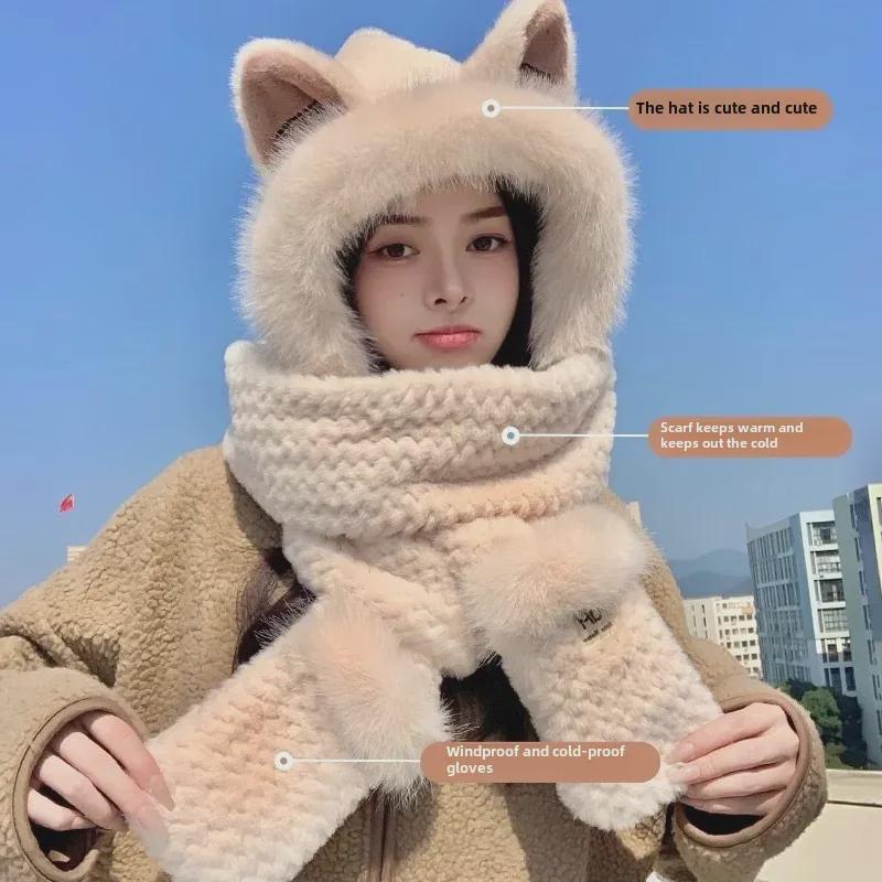 Женский зимний комплект из плюшевой шапки и шарфа с лисьими ушками - толстая, теплая защита ушей для езды на велосипеде