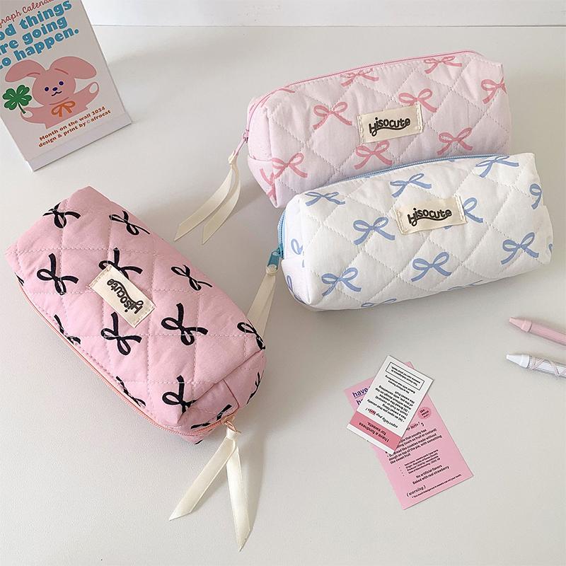 Sweet Style Fabric Pencil Bag with Bow Ribbon Decor Cute Girl Pencil Pouch School Stationery Organizer