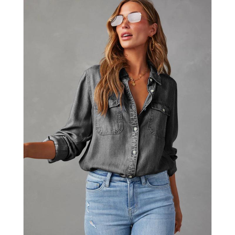 Простая Универсальная Белая Джинсовая Повседневная Рубашка с Длинным Рукавом для Женщин