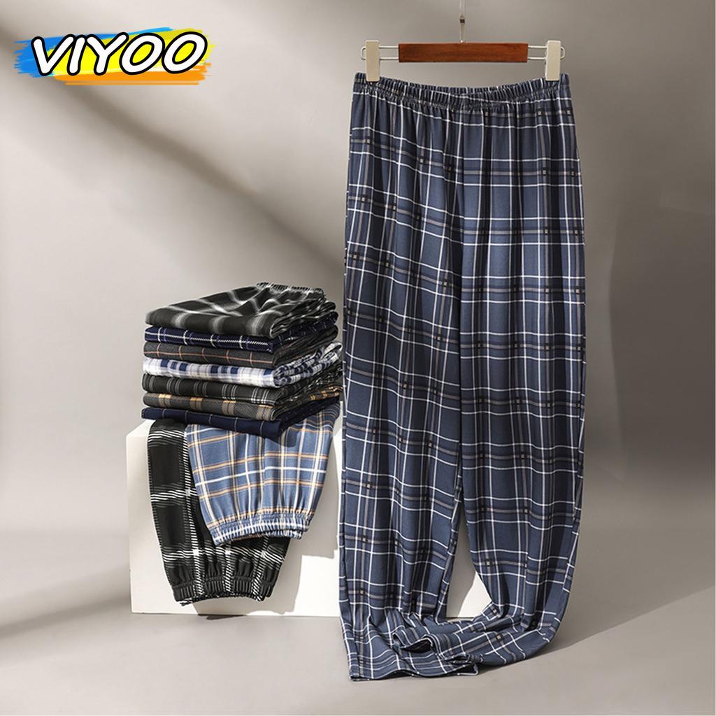 Men's 5XL Oversized Plus Size Spring Autumn Clothes Sleepwear Knit Cotton Plaid Pants Trousers Pyjamas