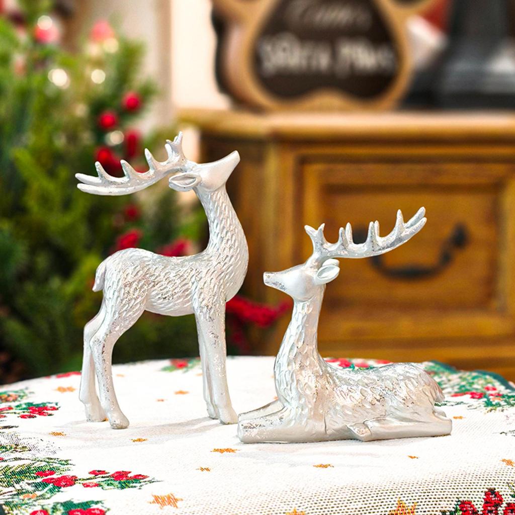 2 Pieces Deer Figurines Desktop Decor Collectible Artwork Ornament Elk Sculpture Resin Statues for