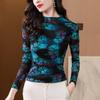 2024 Autumn Middle East Print Mesh Long Sleeve Slim Fit Plus Size Women's T-shirt