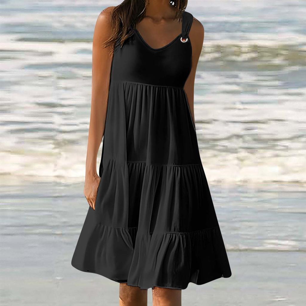 YYFS Women's Fashion Summer Spring Solid Color Print Sleeveless V-Neck Middle Waistline Casual Dresses