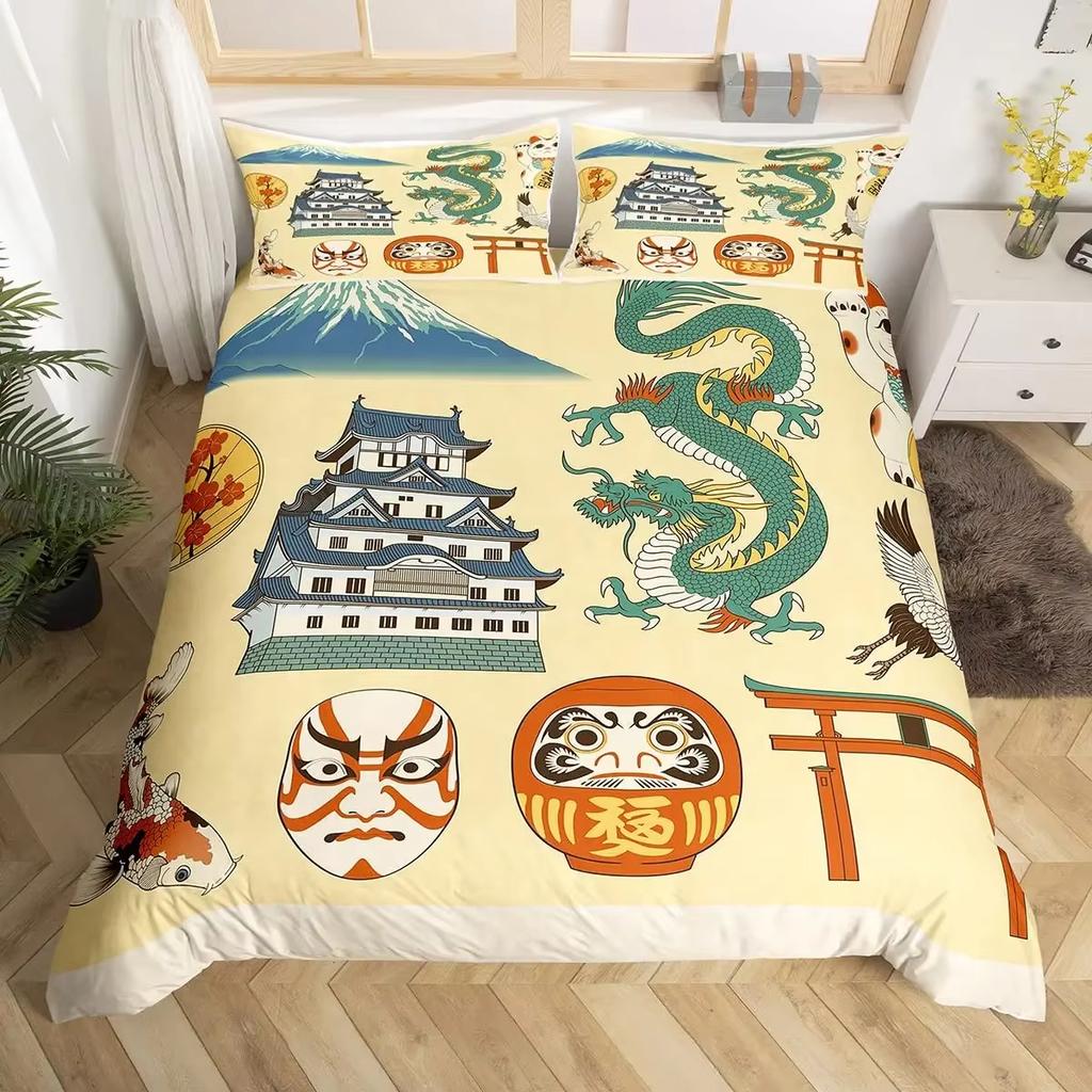 Комплект пододеяльника Lucky Cat в японском стиле с волновым узором, комплекты постельного белья для взрослых и детей, экзотический декор для спальни, комплект из 3 предметов: пододеяльник размера кинг