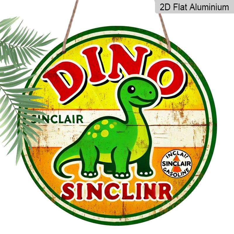 2D Flat 1pc, Vintage Sinclair Dino Gasoline Metal Sign, 8x8 in, Decorative Aluminum Round Wall Plaque for Home, Garden, Garage, Bar, Cafe