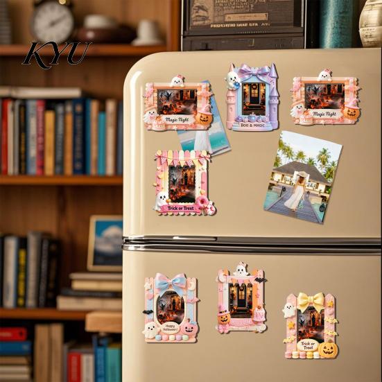 Decorative Magnetic Frame Halloween Photo Refrigerator Magnet, Ghost Pumpkin Picture Room Decor Holder, Wooden for Holiday Party Kitchen Magnet