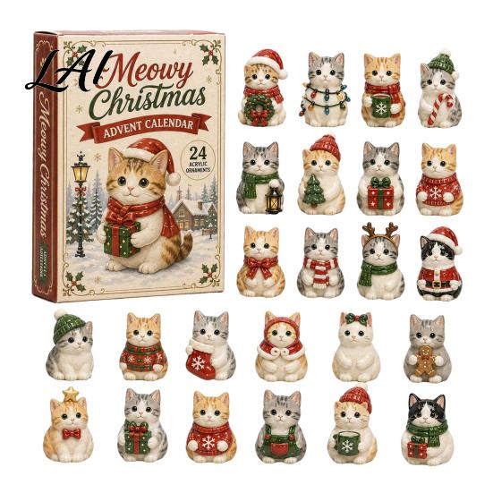 Holiday Decoration for Kids Christmas Cat Advent Calendar 24 Day Countdown with Cute Ornaments Gifts Children 2D Acrylic Kitty Decorations,