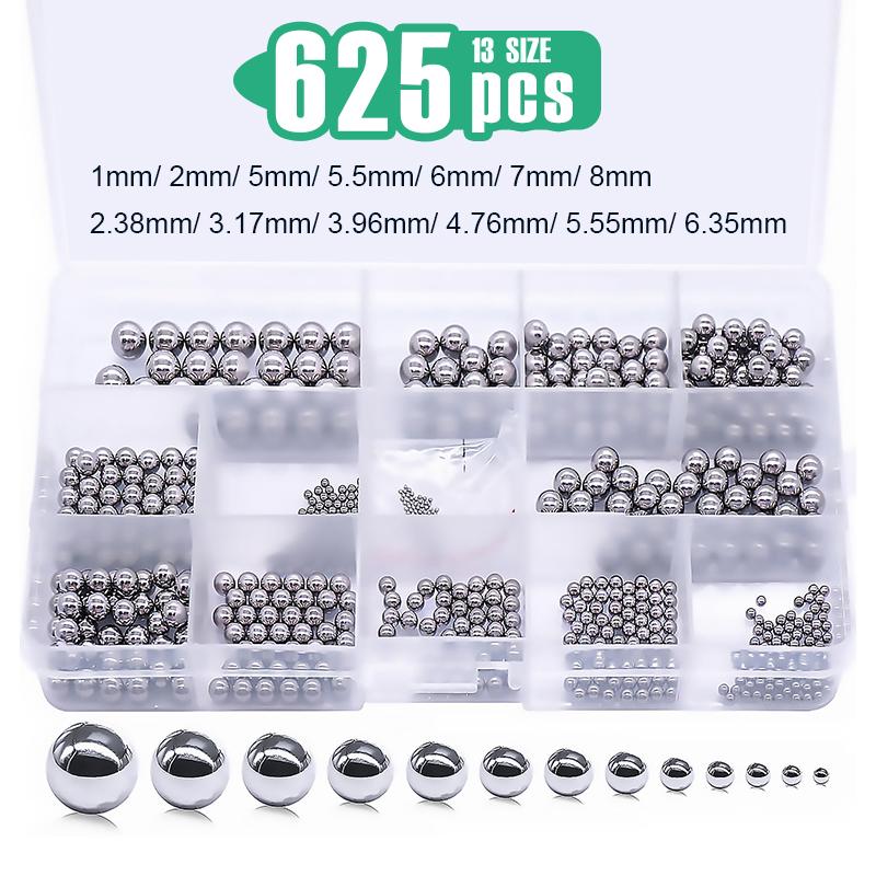 625PCS 13 Sizes Bicycle Bearing Balls Carbon Steel Precision Steel Balls Stainless Steel Assorted Loose Kit 1-8mm,1/4"-3/32"