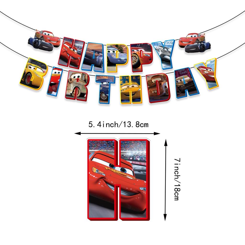Cars Birthday Decorations Set, Includes Garland, Tablecloth, Aluminum Balloons, Happy Birthday Cake Topper, Happy Birthday Banner, and Ribbon
